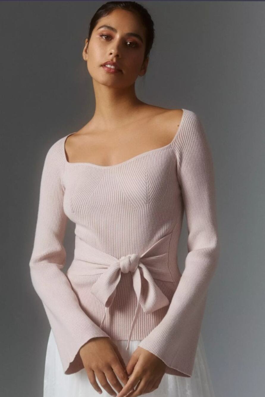 Anthropologie 4SI3NNA Women's Tie Waist Mauve Pink Sweater Knit Top Lrg L
